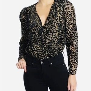 ASTR The Label Leopard Bodysuit Plunge Neck Long Sheer Sleeve Velvet Thong Sz M